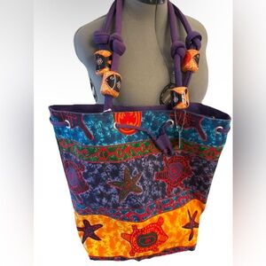 Sun “n “ Sand Tote Purse Large. Deep Purple Orange Red Aqua Turtle Fish Starfish